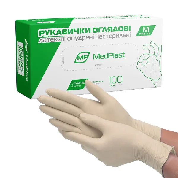 %Перчатки смотровые латексные с пудрой нестерильные МР MedPlast размер M пара
