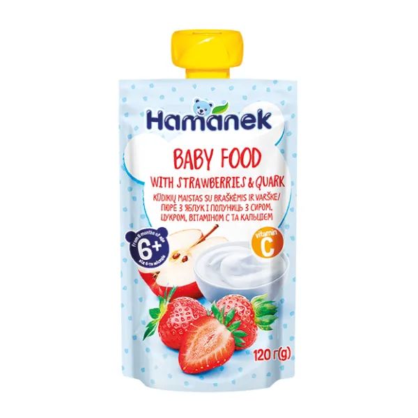 %Пюре Hamanek яблоко и клубника с творогом пауч 120 г