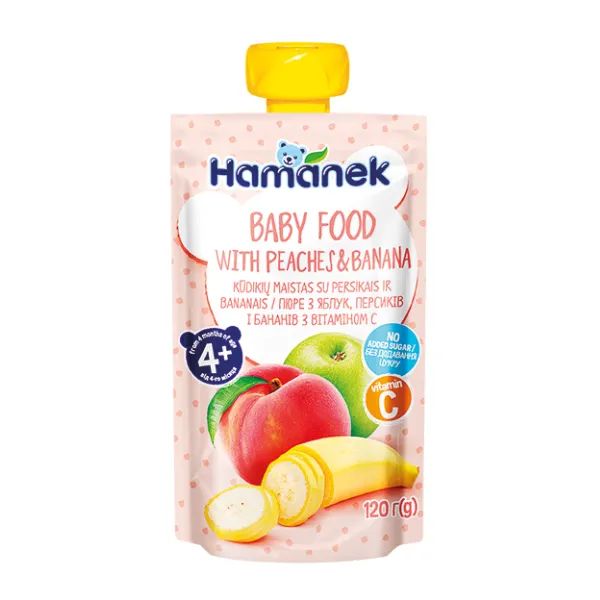 %Пюре Hamanek яблоко с персиком и бананом пауч 120 г