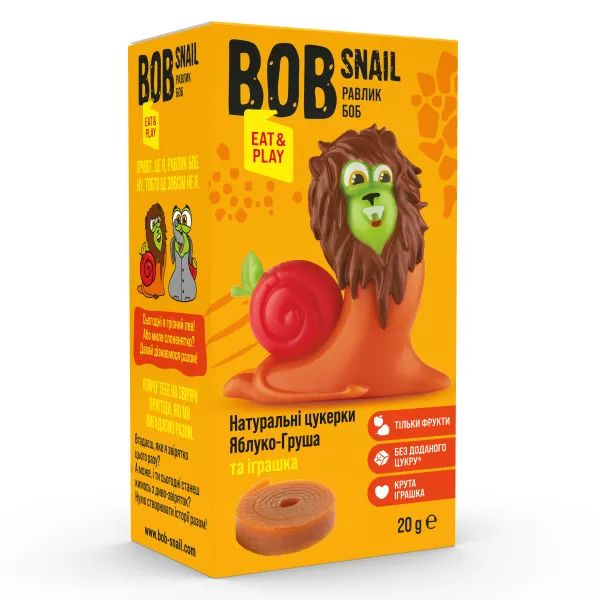 %Цукерки фруктові Bob Snail без цукру яблуко груша 20 г + іграшка