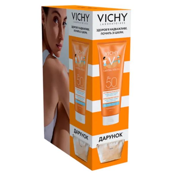 %Набор Vichy Capital Soleil солнцезащитное мягкое водостойкое молочко для чувствительной кожи детей SPF50 300 мл + Косметичка