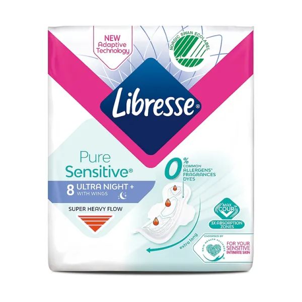%Гігієнічні прокладки Libresse Pure Sensitive Ultra Night нічні №8