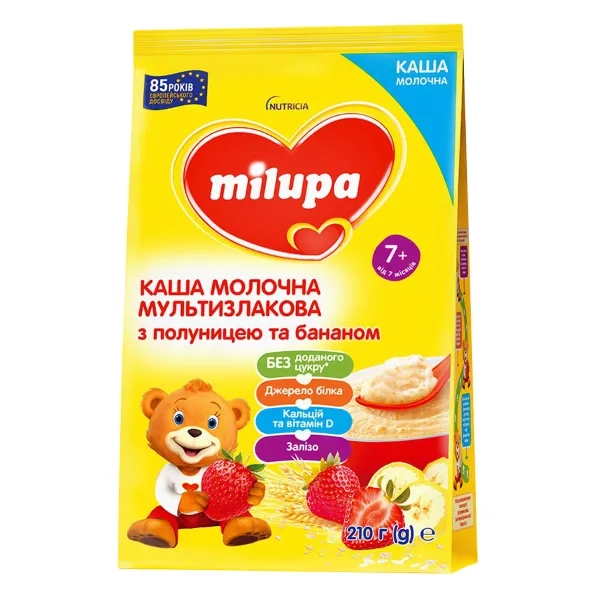 %Каша молочная сухая Milupa мультизлаковая с клубникой и бананом для детей от 7 месяцев 210 г