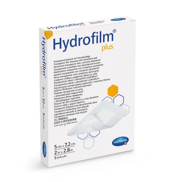 %Пов’язка плівкова прозора з абсорбуючою подушечкою Hydrofilm Plus 5 см х 7,2 см №5