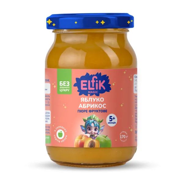 %Пюре дитяче Elfik Magic з яблук та абрикос без цукру банка 170 г
