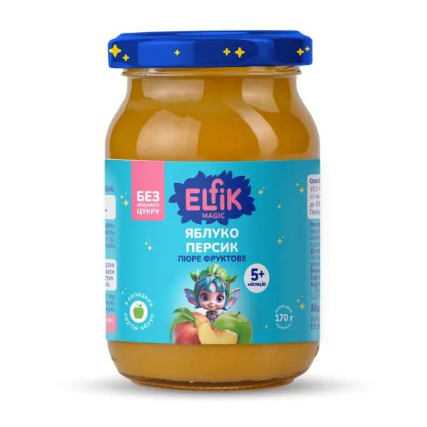%Пюре дитяче Elfik Magic з яблук та персиків без цукру банка 170 г