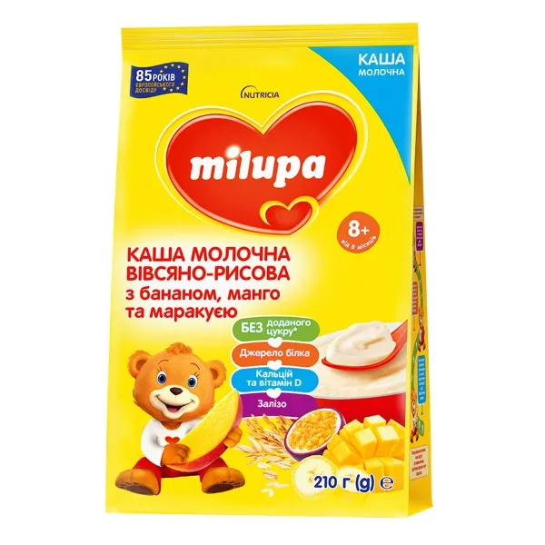 %Каша молочная Milupa Овсяно-рисовая с бананом, манго и маракуйей для детей от 8 месяцев 210 г