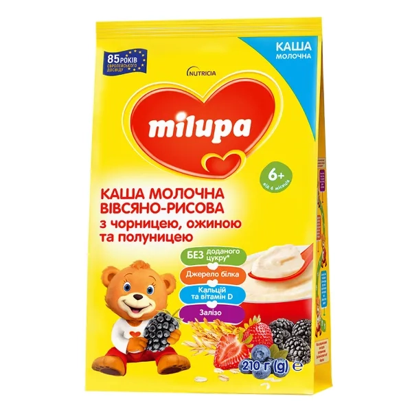 %Каша молочная Milupa Овсяно-рисовая с черникой, ежевикой и клубникой для детей от 6 месяцев 210 г