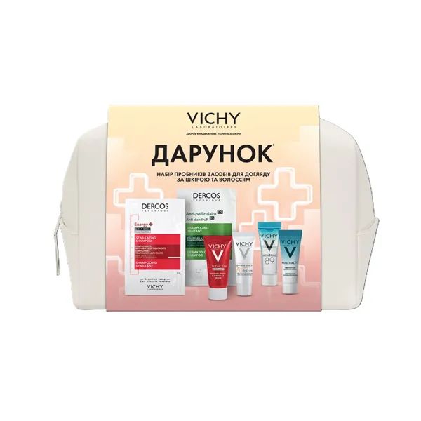 %Набор пробников средств Vichy для ухода за кожей лица и волосами: 6 мини-продуктов и косметичка