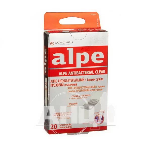 %Пластырь медицинский Alpe антибактериальный прозрачный классик 76х19мм с ионами серебра №20