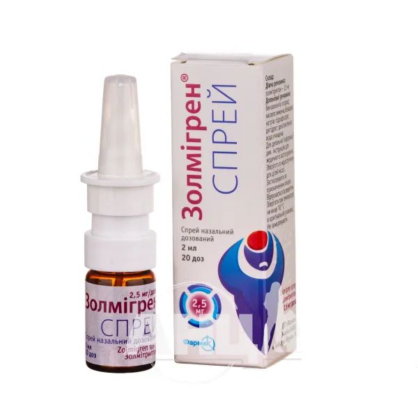 Золмігрен спрей спрей назальний дозований 2,5 мг/доза флакон 2 мл 20 доз