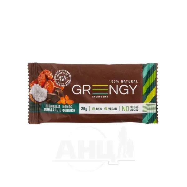 %Батончик Greengy фініки, шоколад, кокос і мигдаль 26 г