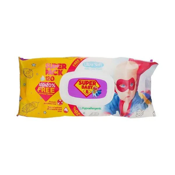 %Вологі серветки Super Baby SuperPack ромашка та алое №120