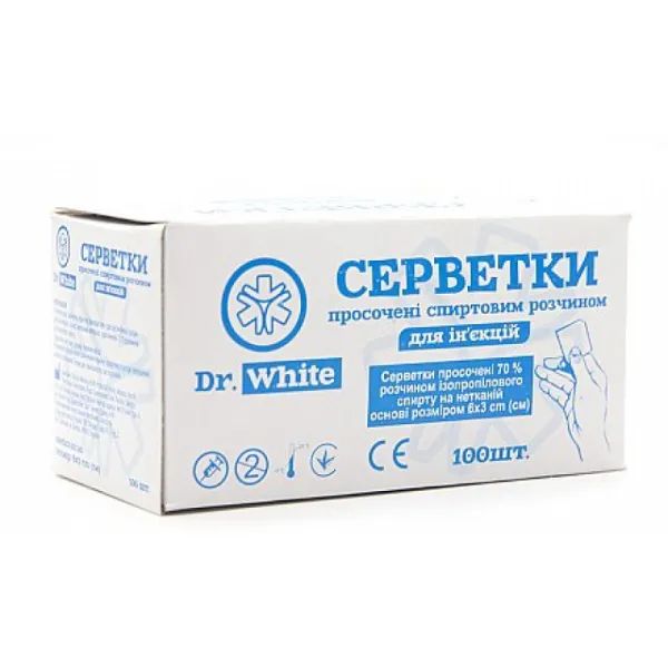 %Серветки просочені спиртовим розчином для ін'єкцій Dr. White 6 х 3 см №100