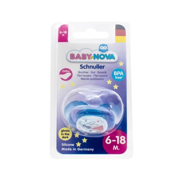 %Пустышка силиконовая Baby-Nova ортодонтическая ночная размер 2 голубая