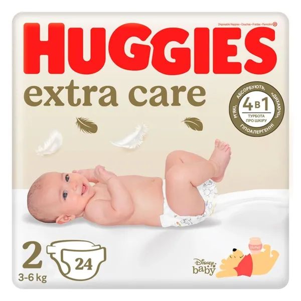 %Підгузки дитячі гігієнічні для новонароджених Huggies Extra Care розмір 2 (3-6 кг) №24