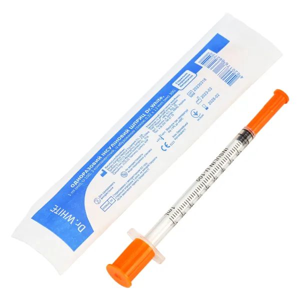 %Шприц инсулиновый одноразовый Dr.White U-100 3-х компонентный 1 мл игла 30G (0,32 х 13 мм)