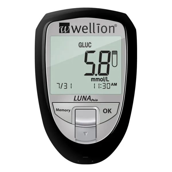 %НАБОР Д/ТЕСТ. УРОВНЯ ГЛЮКОЗЫ, ХОЛЕСТЕРИНА И МОЧ.К-ТЫ WELLION LUNA TRIO ЧЕРН. 8037
