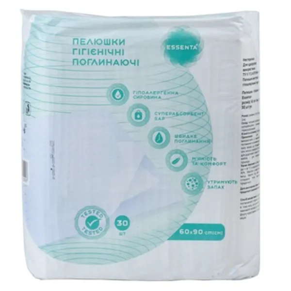 %Пелюшки гігієнічні вбираючі Essenta+ 60 см х 90 см №30