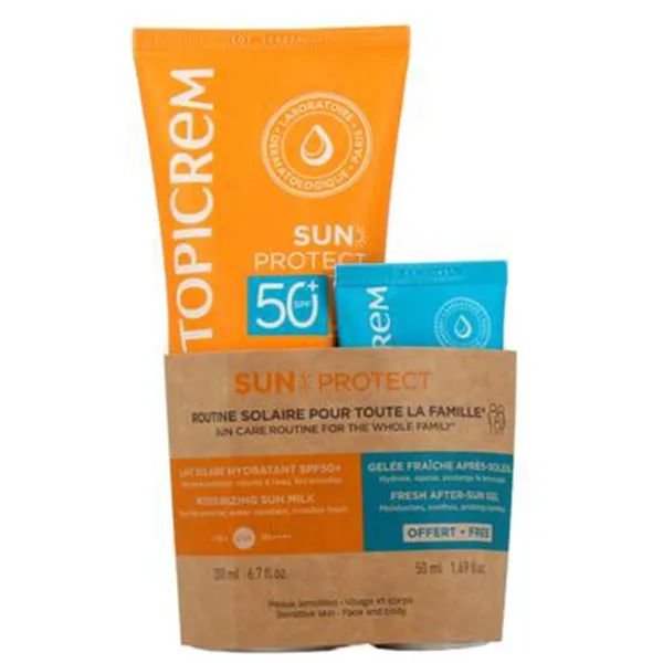 Набор Топикрем Topicrem Сан Протект Увлажняющее солнцезащитное молочко SPF50+ 200 мл + Тонизирующий гель для тела после загара 50 мл