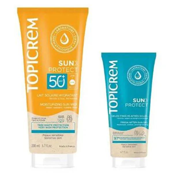 Набор Топикрем Topicrem Сан Протект Увлажняющее солнцезащитное молочко SPF50+ 200 мл + Тонизирующий гель для тела после загара 50 мл