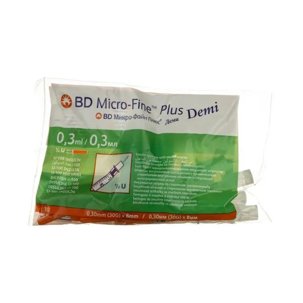 %Шприц ін'єкційний інсуліновий BD Micro-fine plus demi 0,3 мл U-100 з голкою 30G (0,3 мм х 8 мм) №10