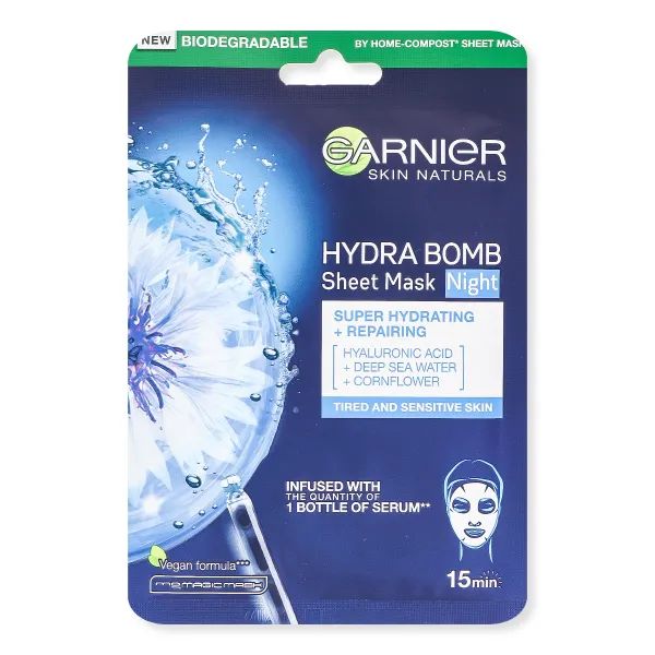 %Тканинна маска Garnier Skin Naturals нічна Аква Бомба для шкіри обличчя 28 г