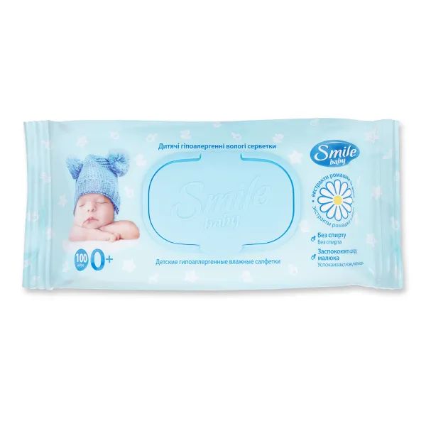 Вологі серветки Smile Baby з клапаном з екстрактом ромашки і алое №100