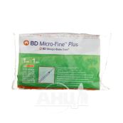Шприц ін'єкційний інсуліновий BD Micro-fine plus 1 мл U-100 з голкою 29G (0,33 мм х12,7 мм) №10