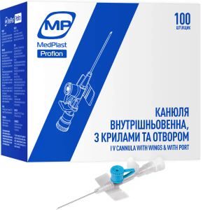 Канюля внутрішньовенна з крилами і отвором MP MedPlast Proflon Профлон 22G блакитна №1