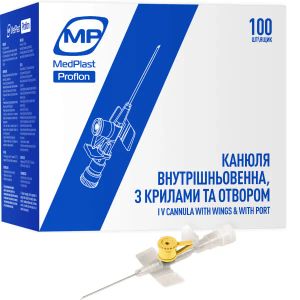 Канюля внутрішньовенна з крилами і отвором MP MedPlast Proflon Профлон 24G жовта №1
