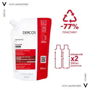 Тонізуючий шампунь Vichy Dercos Energy+ Stimulating Shampoo refill для боротьби з випадінням волосся, змінний блок 500 мл