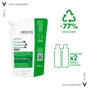 Шампунь от перхоти Vichy Dercos Anti-Pelliculaire Anti-Dandruff Shampooing refill для нормальных и жирных волос, сменный блок 500 мл