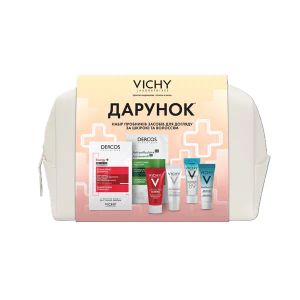 Набор пробников средств Vichy для ухода за кожей лица и волосами: 6 мини-продуктов и косметичка