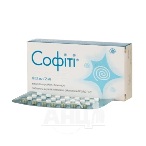 Софіті таблетки вкриті плівковою оболонкою 0,03 мг+2 мг блістер №28