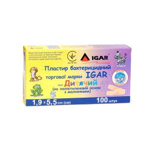 Пластир бактерицидний Igar дитячий на поліетиленовій основі з малюнками 1,9 х 5,5 см.