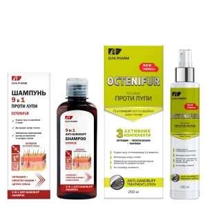 Комплекс Elfa Pharm Octenifur проти помірної лупи: шампунь 9 в 1 проти лупи 200 мл + лосьйон проти лупи 250 мл