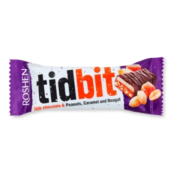 Батончик Roshen TidBit молочний з нугою, м'якою карамеллю та арахісом 50 г
