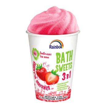 Набір Rainbow 3 в 1 сіль для ванн морська з ромашкою і бомба-кекс Блискуча полуниця 280 г