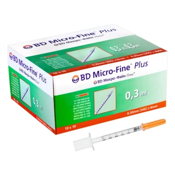 Шприц инъекционный инсулиновый BD Micro-fine plus demi 0,3 мл U-100 с иглой 30G (0,3 мм х 8 мм) №1