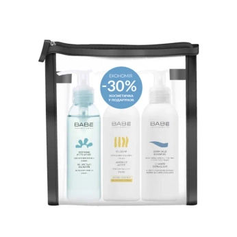 Набір для обличчя та тіла BABE Laboratorios Очищення з косметичкою в подарунок (мило, гель та шампунь)
