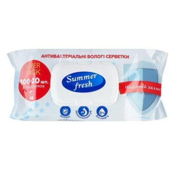 Серветки вологі дитячі Summer Fresh антибактеріальні з клапаном №120